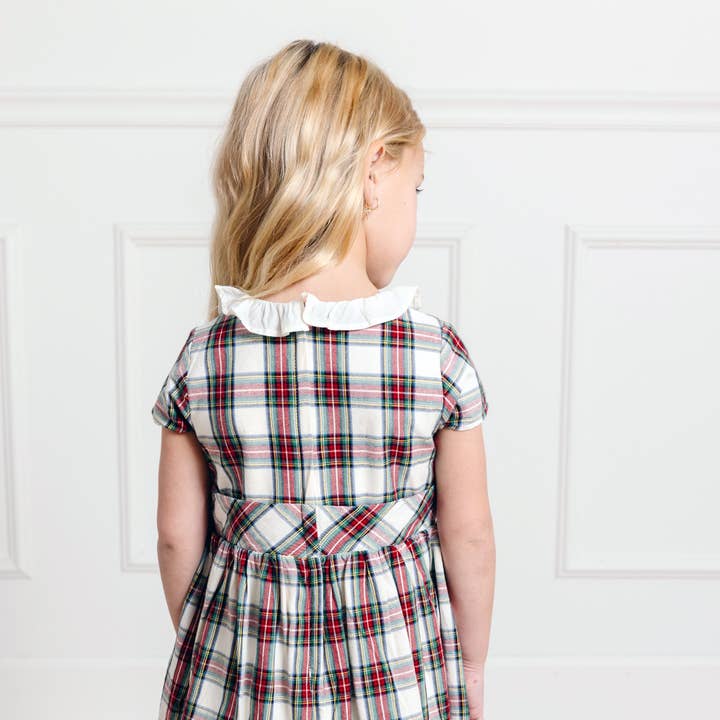 Ivory Holiday Tartan Ruffle Collar Organic Party Dress for wholesale on Faire