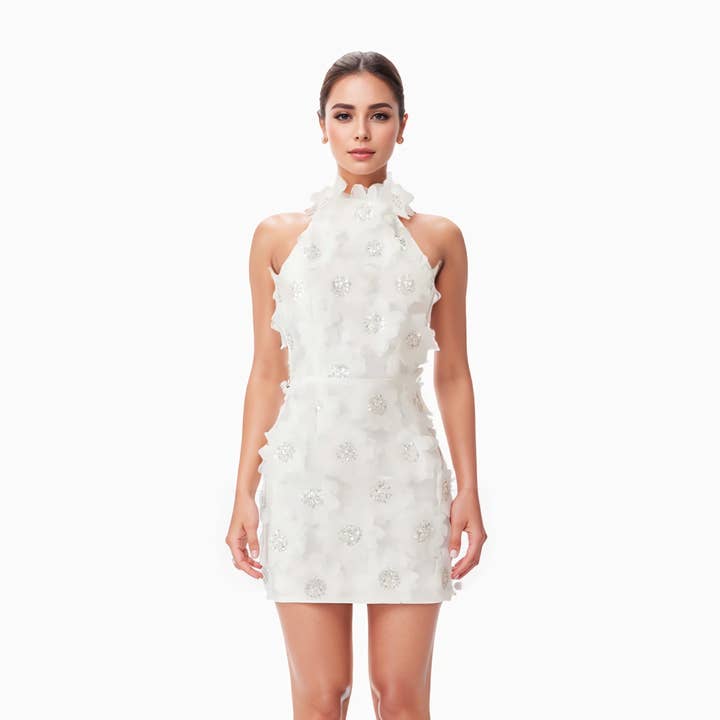 DR751Y Retro Halter Sequin Dress with 3D Flowers & Open Back for wholesale by Productseeker