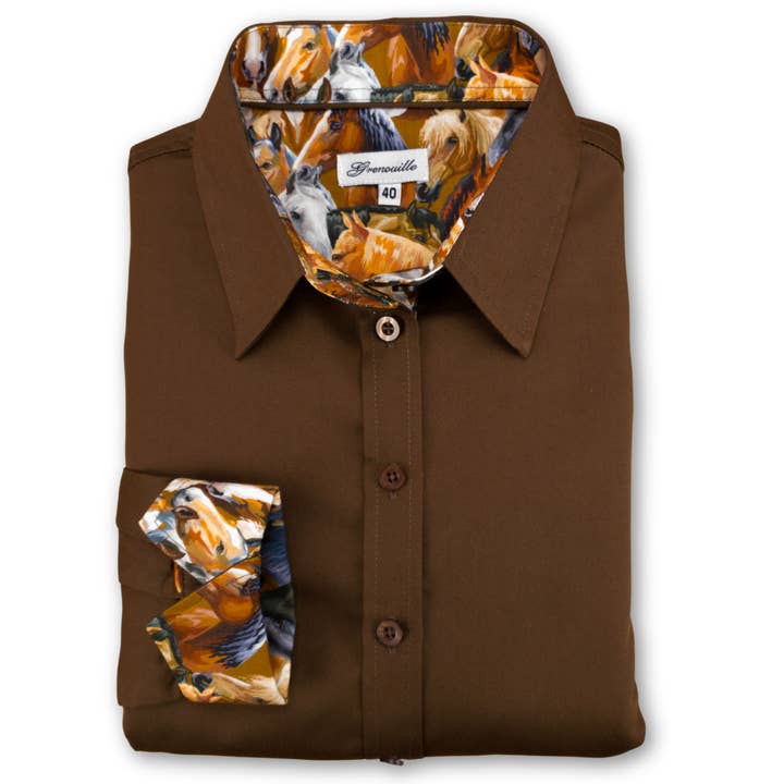 Grenouille Damebrun Skjorte med Hestemønsterstofdetalje for engroshandel hos Salamander Shirts Ltd