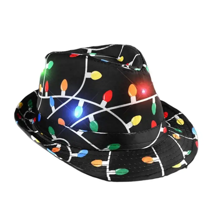 Blinkee.com, LLC - Wholesale Fedora - Unisex - Black Fedora in Christmas Bulb Prints with Multicolor LEDs1