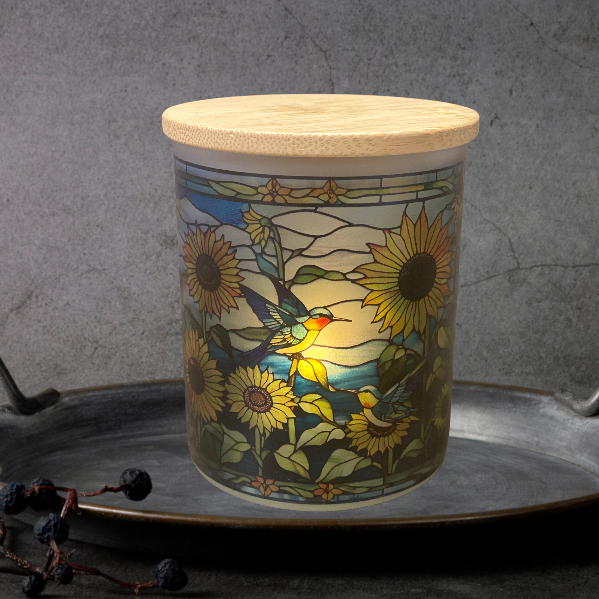 Teele and Co. - Wholesale Tea Light Candles - Sunflowers and Humming Birds Stained Glass Candle Jar with Tea Light2