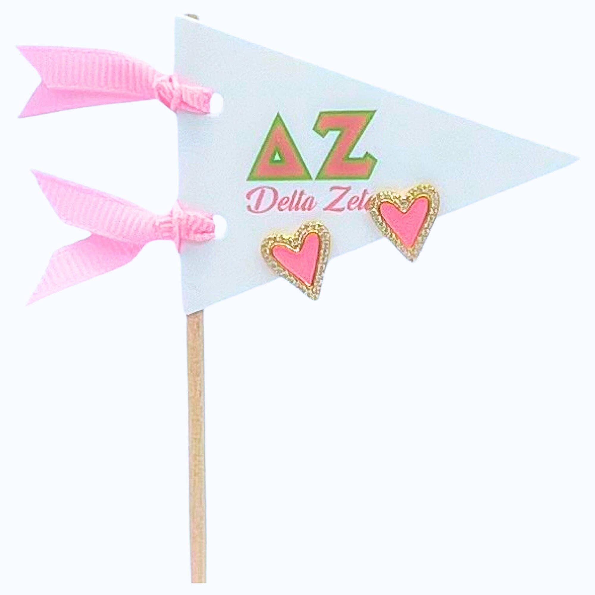 Color Shout – wholesale Stud/post earrings – E205-Love my Sorority: Bright Color Heart Studs on Greek Letter Pennant Flag13