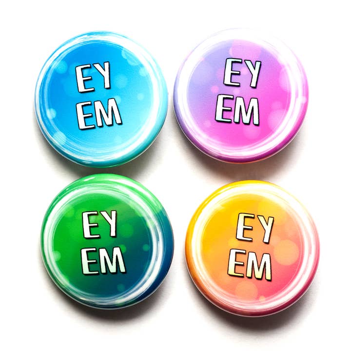 Ey/em pronoun pins / buttons for wholesale by Crafty Queer Studio