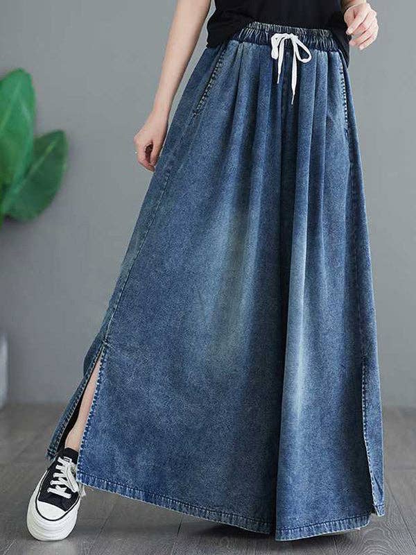 BLUE Loose Wide Leg Drawstring Split-Side Jean Pants Bottoms Trousers for wholesale on Faire1