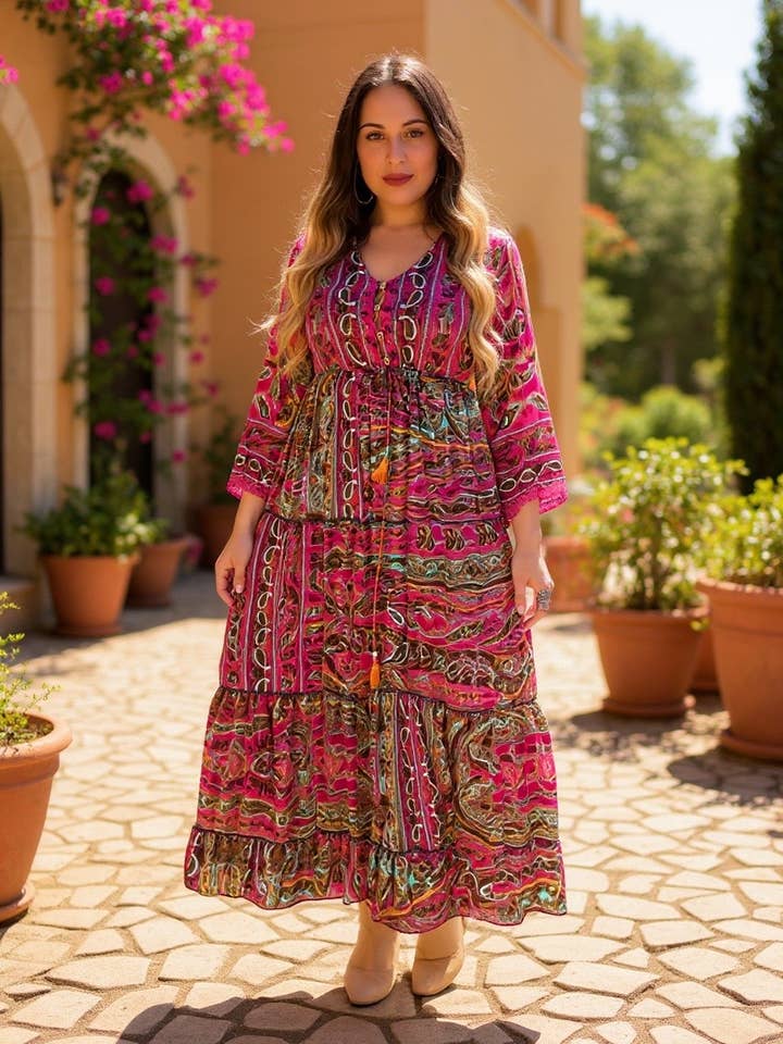 Silk Bell Sleeve Maxi Dress w/ buttons (Fuchsia- brown) for wholesale by Pink and Silver