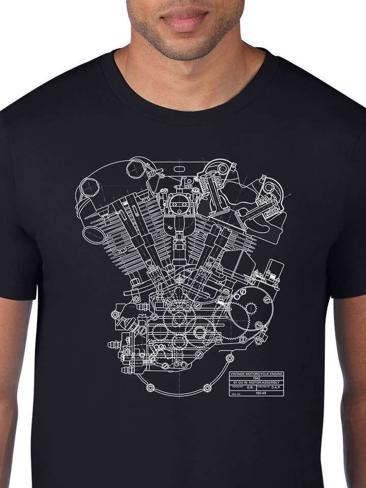 T-shirt unisex con stampa del motore V2 per motociclette per la vendita all'ingrosso da parte di Architee