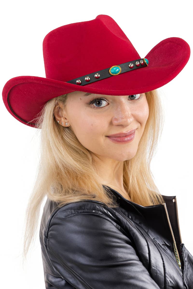 Cap Zone - Vente Chapeau de cowboy – femme - Chapeau cowboy en feutre avec ceinture cloutée turquoise9