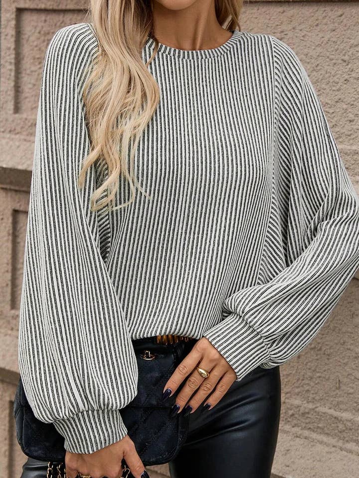 Ribbed Knit Round Neck Long Lantern Sleeve Top for wholesale by PartyEight