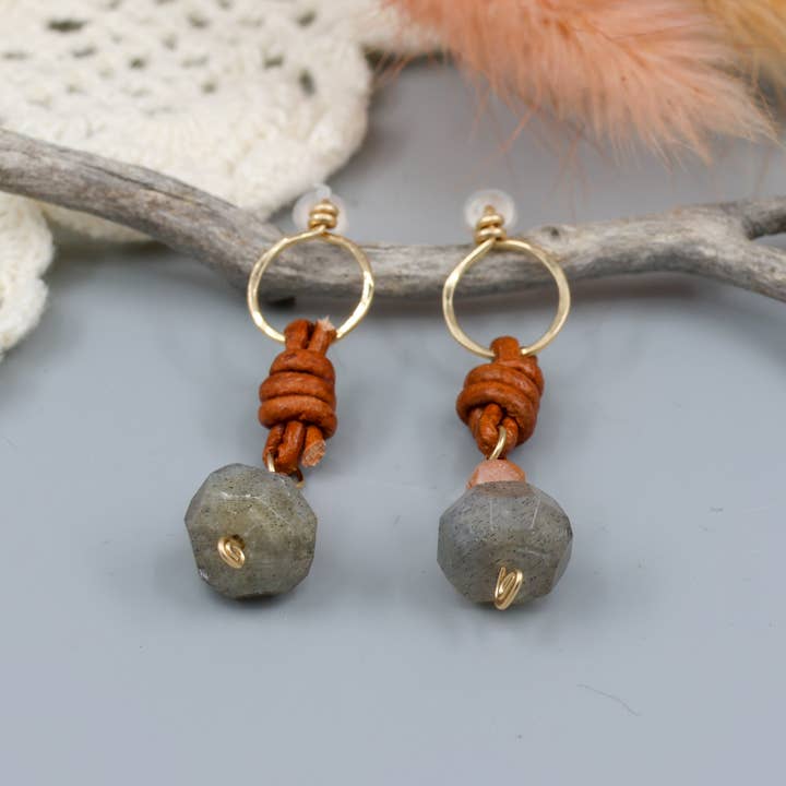 The Stitch Alliance - Wholesale Dangle Earrings - Labradorite & Sunstone Drop Earrings 14k Gold Fill Leather8