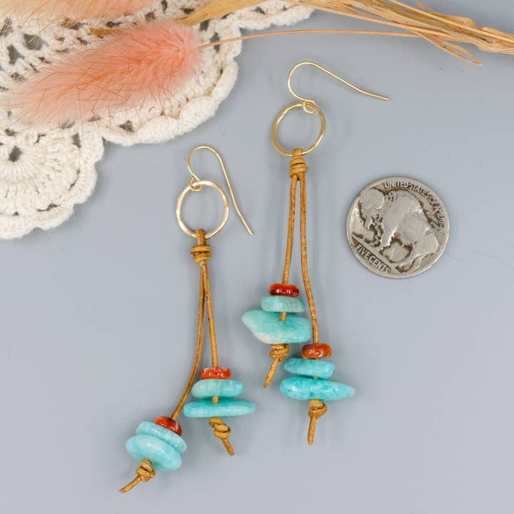 The Stitch Alliance - Wholesale Dangle Earrings - Amazonite Leather Fringe Earrings | Gold Fill | Handmade USA3