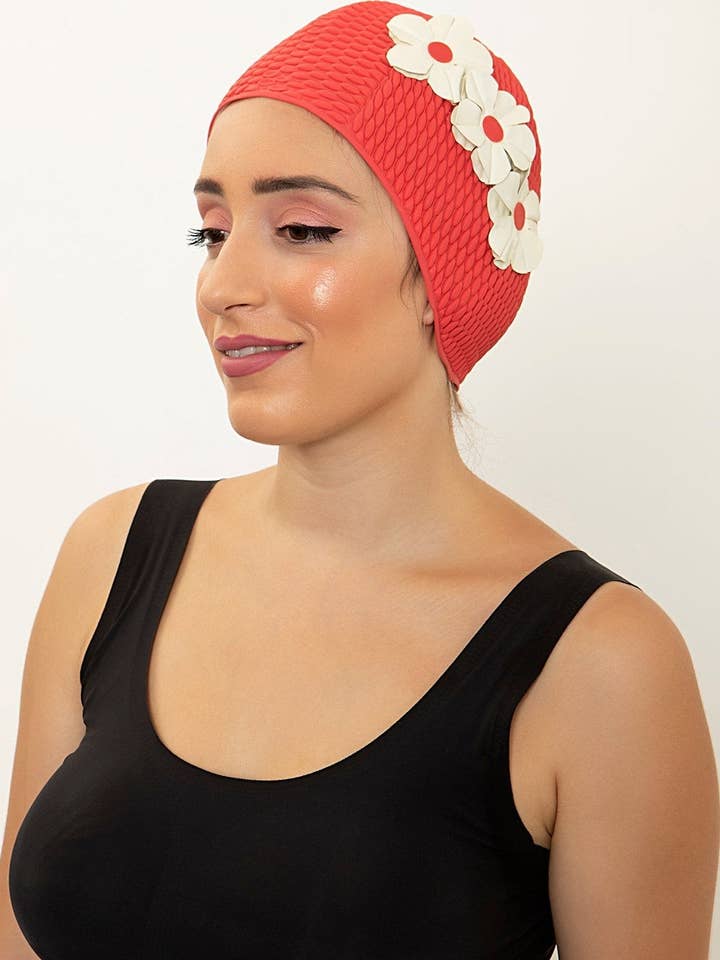 Red Vintage 3 Flowers Swim Cap 461 for wholesale by KORES ACCESSORIES