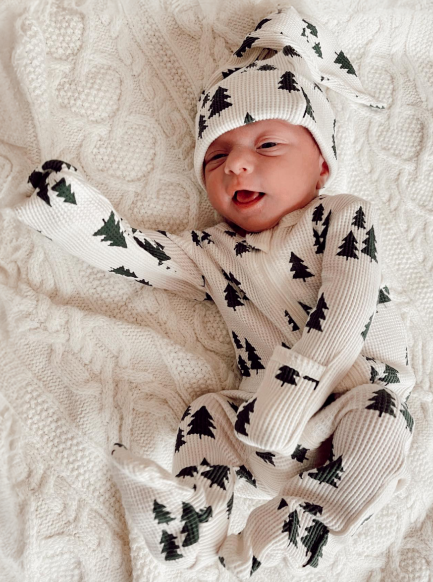 SpearmintLOVE – wholesale Jumpsuit – Baby – Organic Waffle 2-Way Zip Footie, Forest Green Trees2