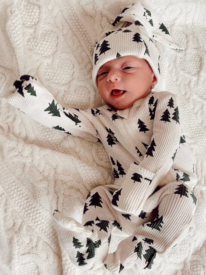 SpearmintLOVE - Wholesale Jumpsuit – Baby - Organic Waffle 2-Way Zip Footie, Forest Green Trees2