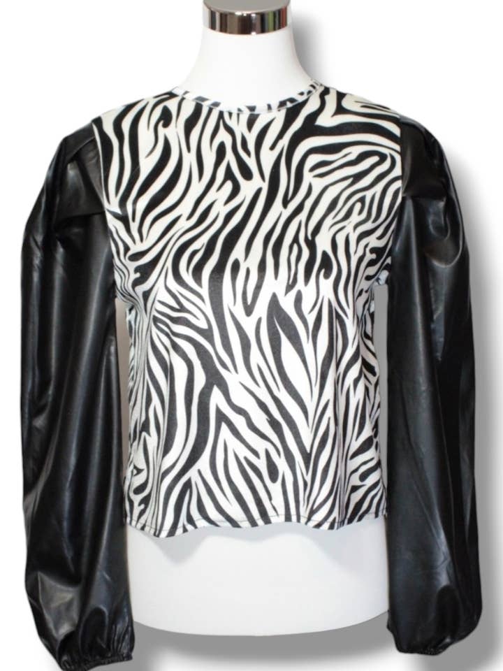 Zebra Print Crop Shirt with Faux Leather Sleeves for wholesale by NINEF