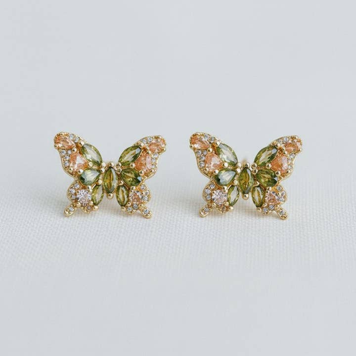 Ellemadera - Wholesale Stud/Post Earrings - Olive Green Cubic Zirconia Butterfly Earrings