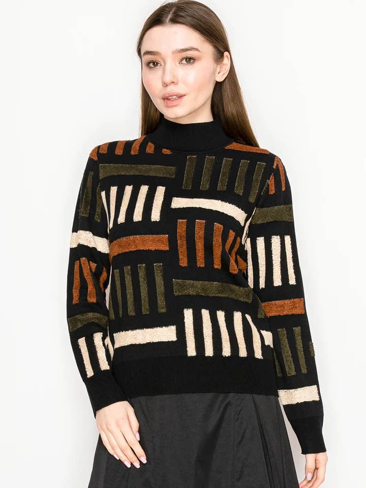 Maglione nero con design geometrico multicolore per la vendita all'ingrosso da parte di Yal New York