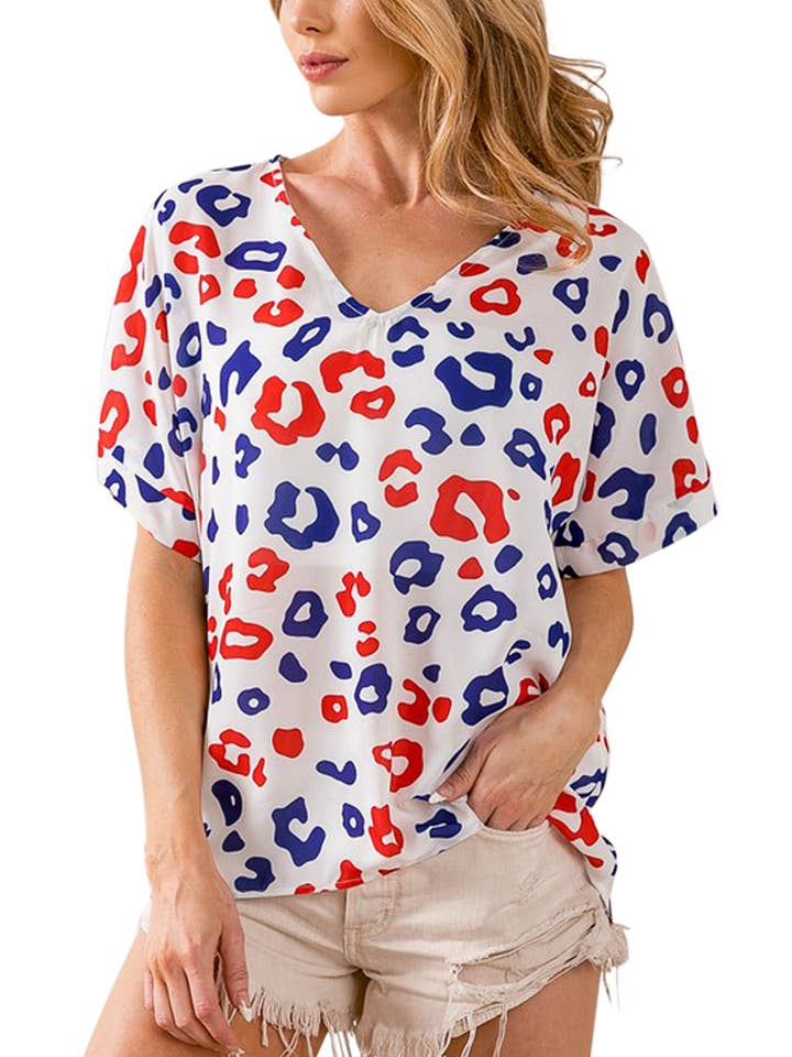 OFFWHT RED NAVY Fourth Of July Theme Roll Up Sleeves V Neck Top for wholesale on Faire