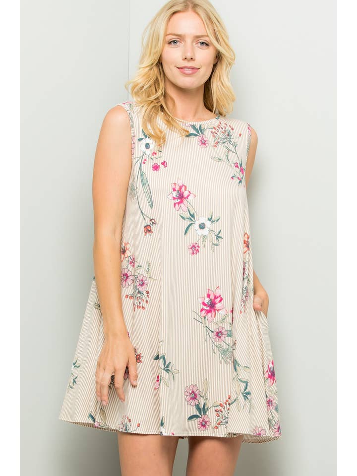 SAND D31002-M Striped Floral Print Dress With Side Pockets for wholesale on Faire