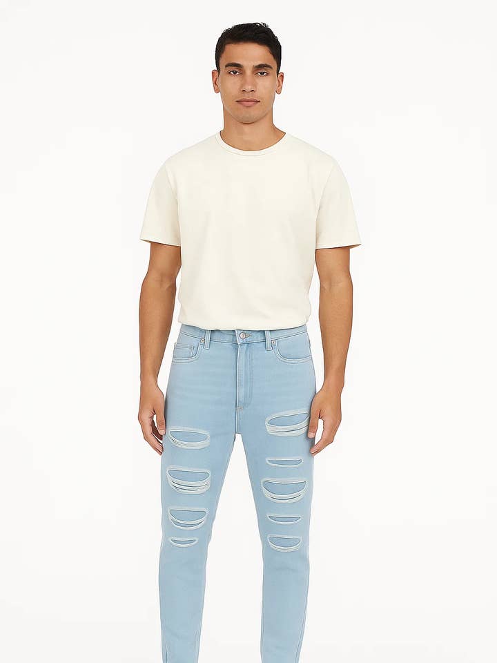 Vaqueros ajustados de corte slim con lavado claro y rotos para hombre ZMBD12 para venta al por mayor de Zovater Incorporation