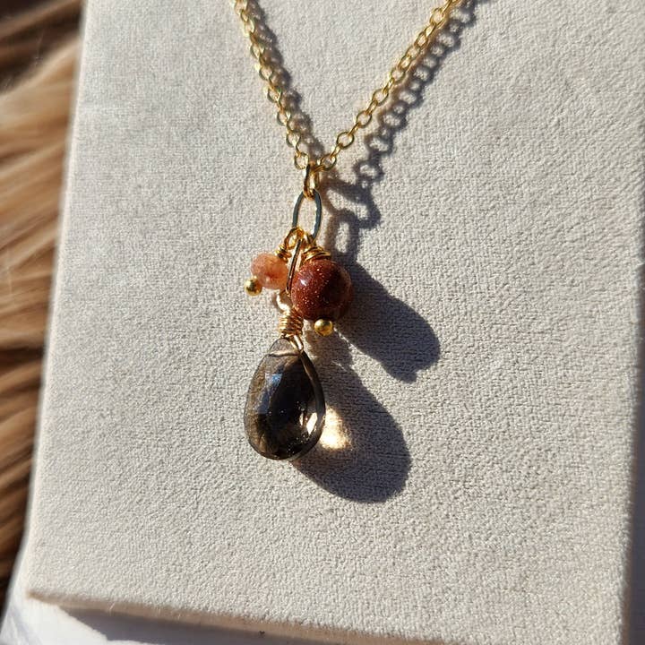 Smoky Quartz, Goldstone and Sunstone Gold Cluster Necklace for wholesale by Edgy Petal Jewelry