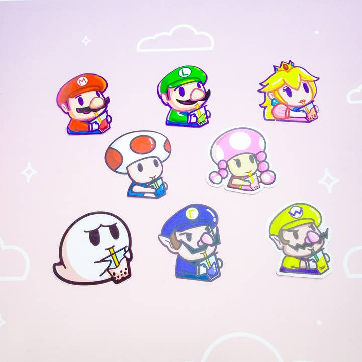 Cutesewluna LLC - Wholesale Sticker - Mario x Boba Vinyl Sticker NEW ART Luigi Wario Waluigi Peach