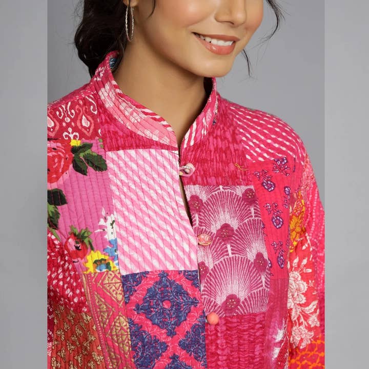 Pink Handmade Women's Reversible Kantha Jacket Hippie Coat for wholesale on Faire1