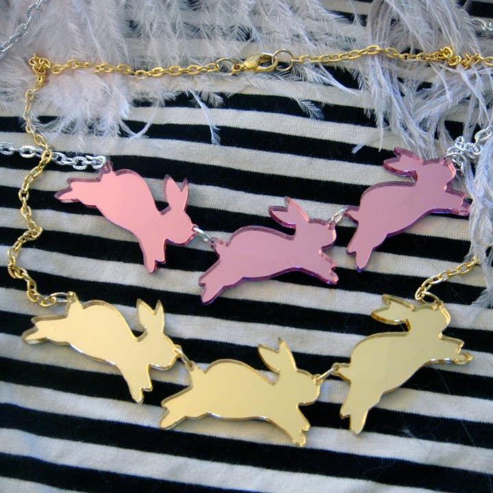 Mirror Bouncing Bunnies, Bunny Rabbit Necklace, Laser Cut Acrylic, Plastic Jewelry for wholesale by I'm Your Present