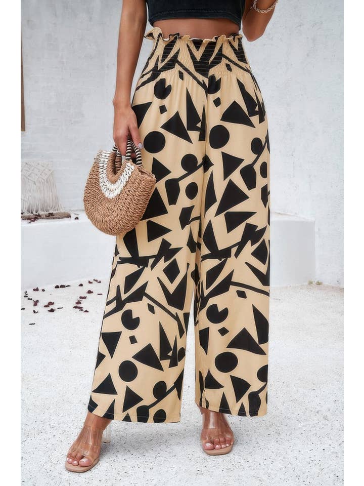 CC Wholesale Clothing - Venta al por mayor Pantalones - Mujer - Pantalón de Pierna Ancha de Cintura Alta con Volante Doblado y Estampado Integral11