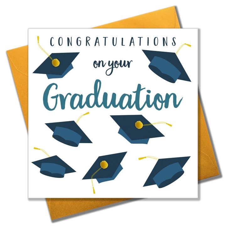 Congratulations on Graduation Card, Mortar Hats, Embellished with pompoms for wholesale by Claire Giles Ltd