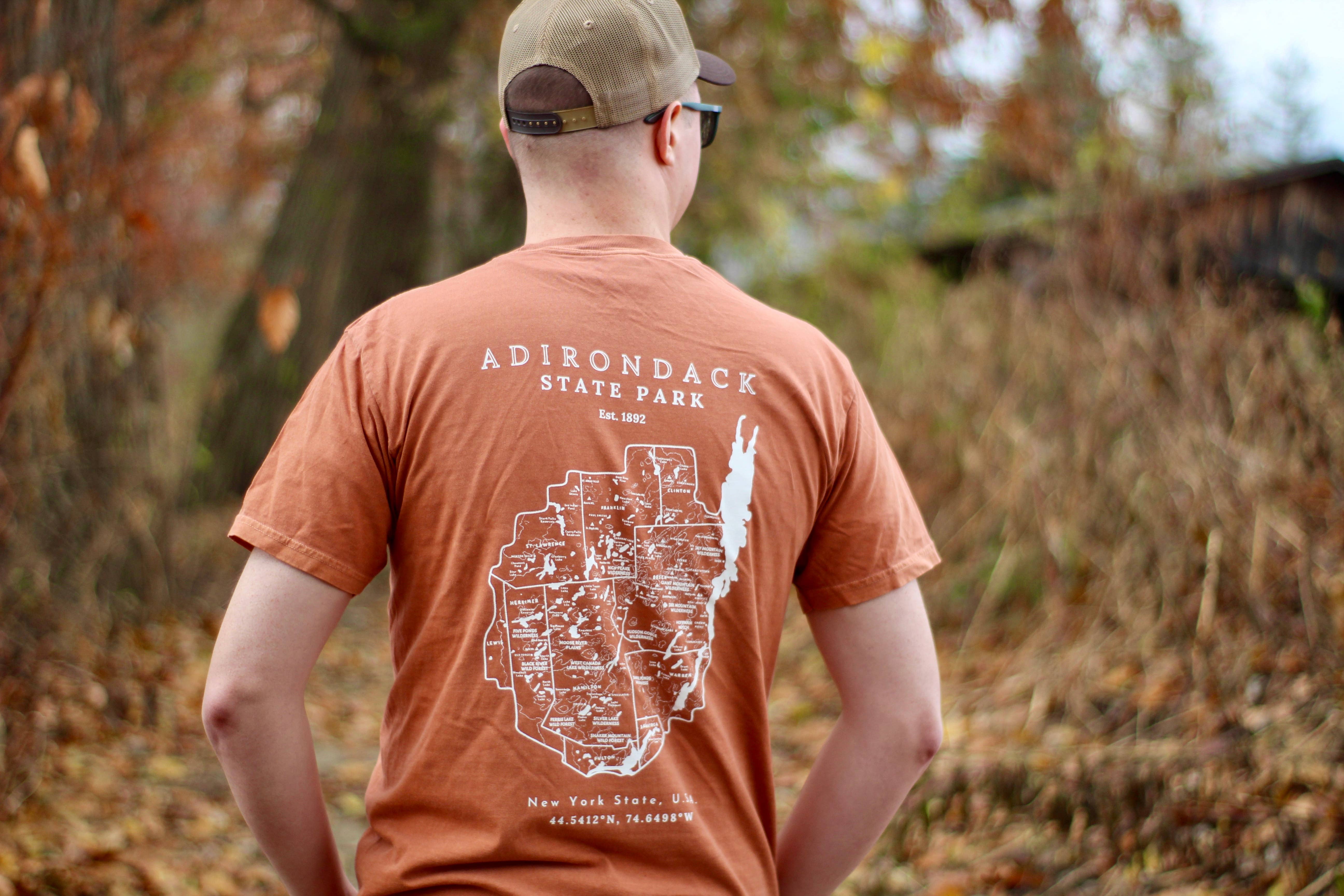 Just Wandering Co. - Wholesale Screen Printed T-Shirt - Unisex - Adirondack Park Map Short Sleeve Shirt | Plattsburgh, New Yo17