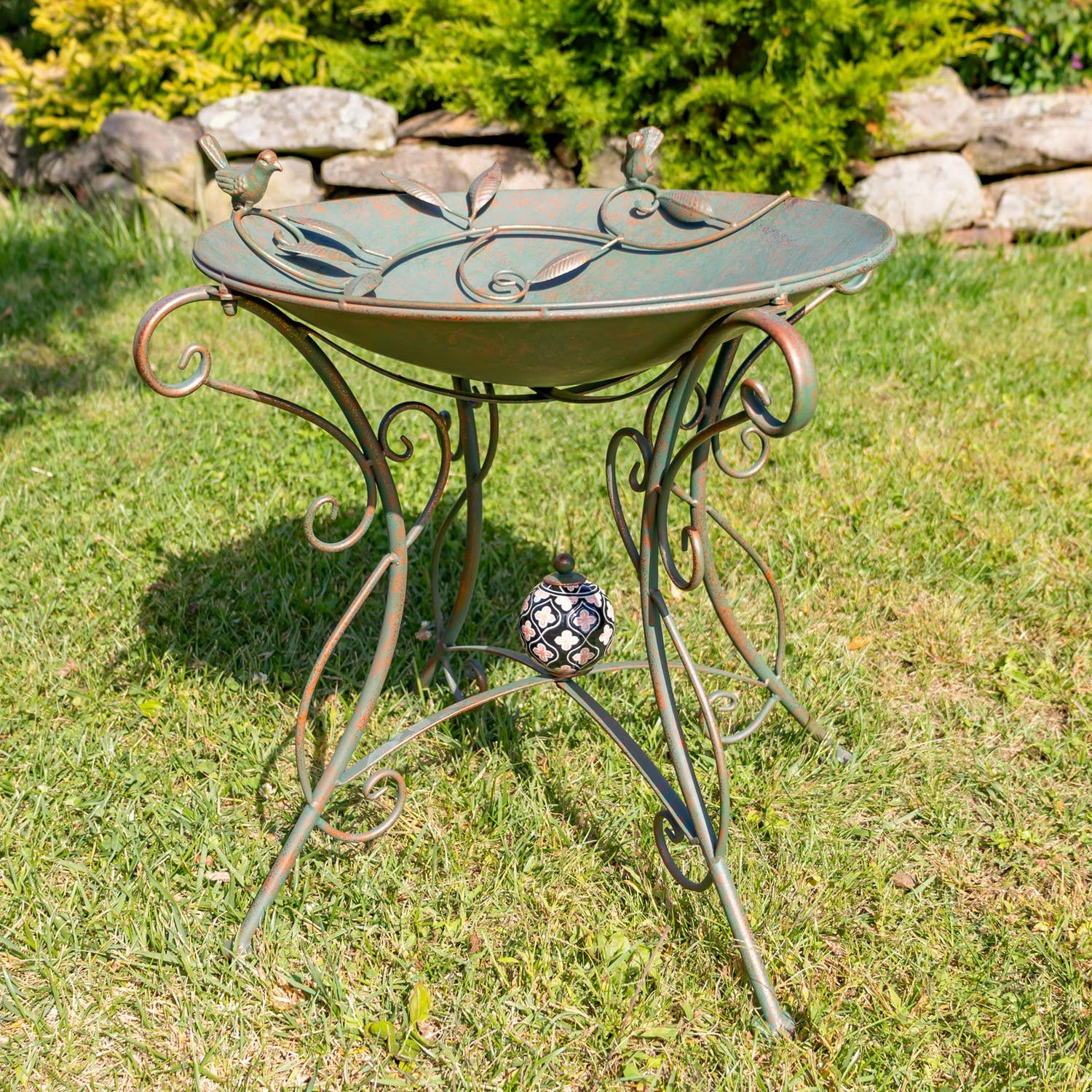 Zaer Ltd. International - Wholesale Bird Bath - “Rome 1945” 23" Tall Iron Birdbath with Porcelain Accent7