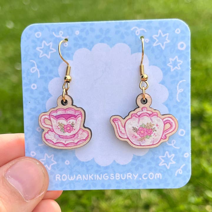 Tea Set Wooden Earrings for wholesale by Rowan Kingsbury