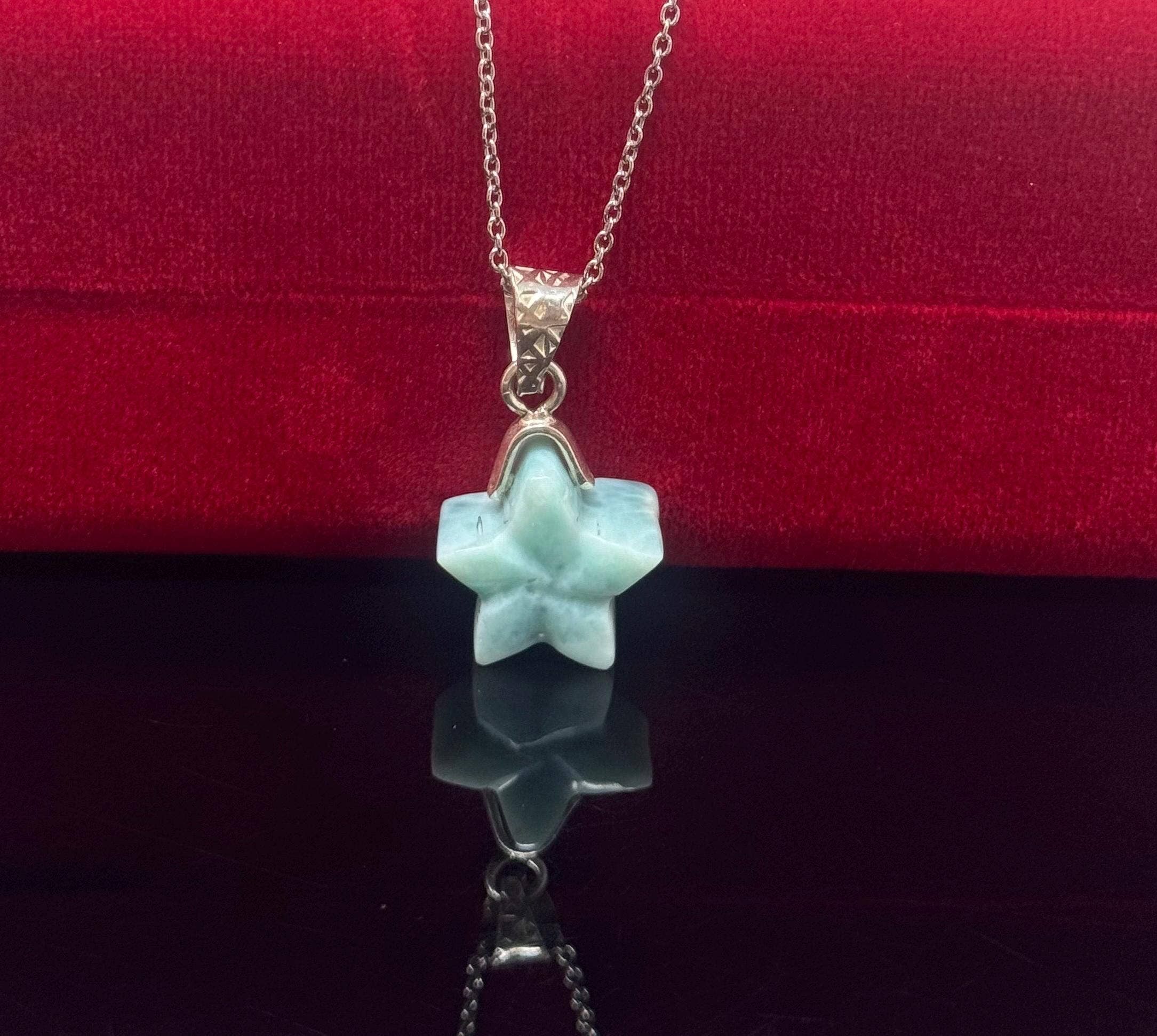 Akstar Gems – wholesale Pendant/charm necklace – Larimar Necklace, Atlantis Stone, Healing Stone, Silver Star Bohemian Jewelry, Dominican Republic Larimar Jewelry Gifts, 1.20”x0.60”6