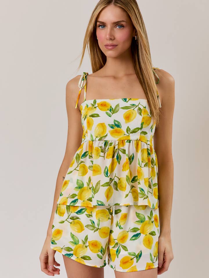 SPG TIE SHOULDER STRAP LEMON PRINT PEPLUM TOP for wholesale by GILLI