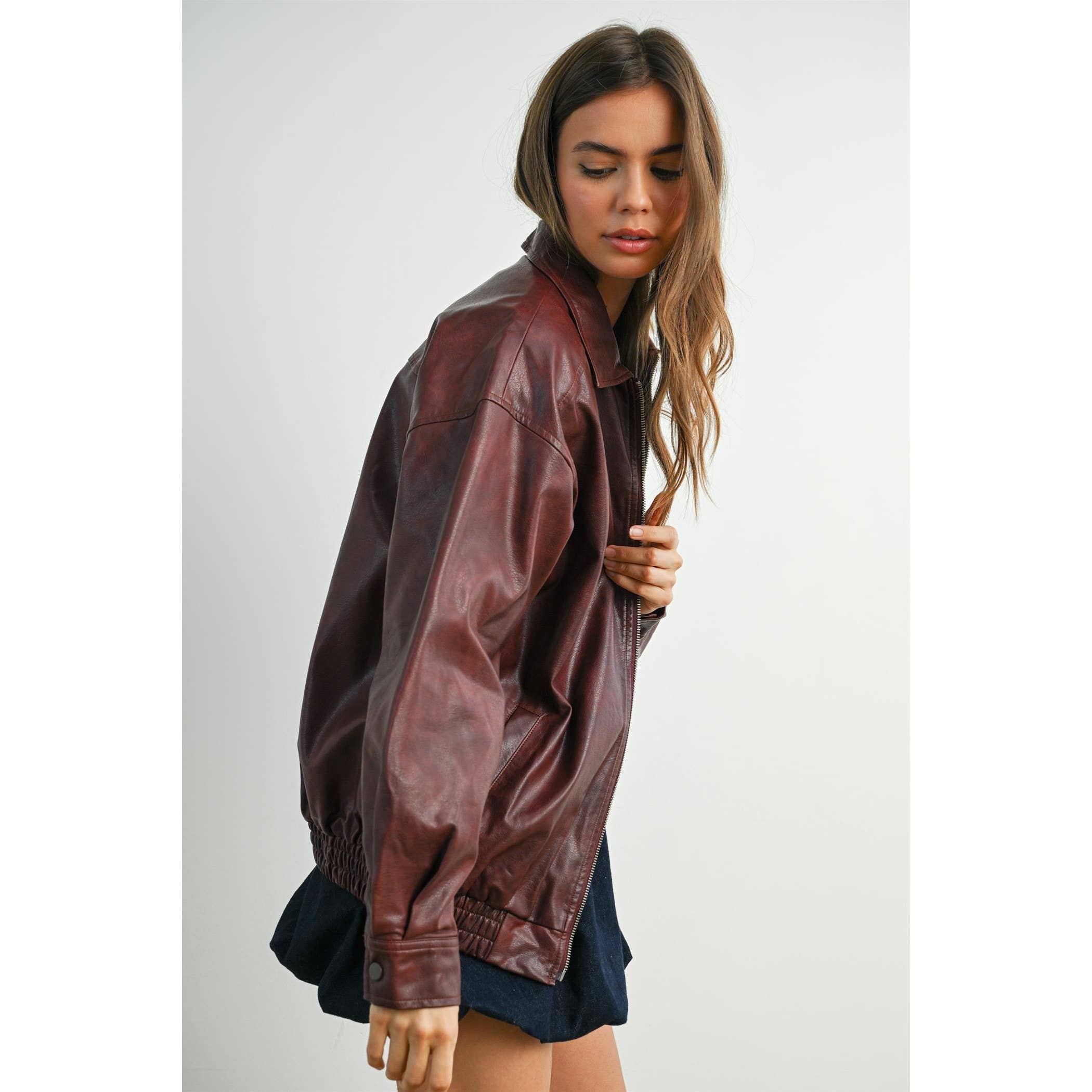 BUTTERMELON - Wholesale Jacket - Women's - Collared Zip-Front Leather Jacket - BMJ796811
