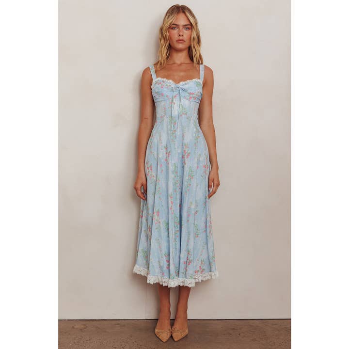 BLUE FLORAL PRINT FLOWY MAXI DRESS for wholesale on Faire