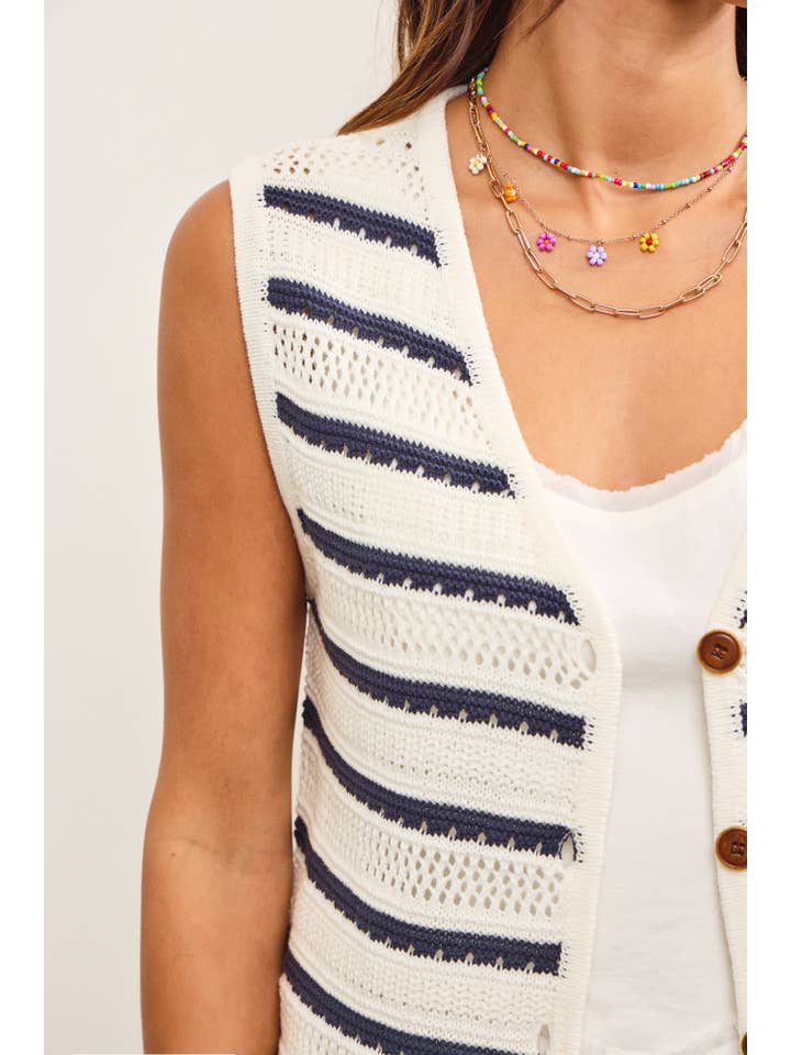 IVORY STRIPED BUTTON CLOSURE SLEEVELESS SWEATER VEST for wholesale on Faire