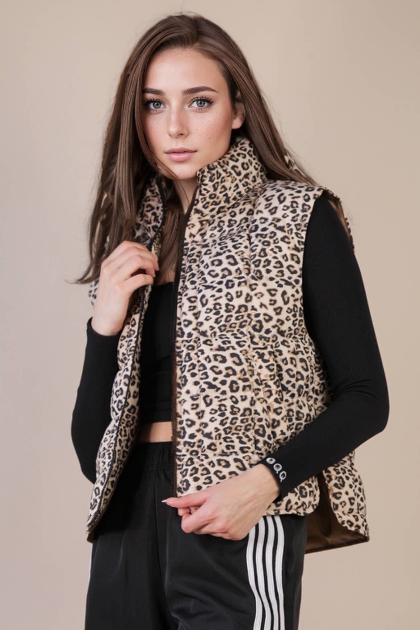 VERY J - Wholesale Outerwear Vest - Women's - NJ90282-Solid & Leopard Puffer Padded Warm Vest13