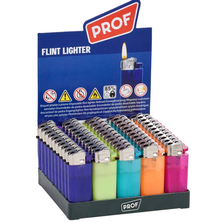 Næsten 50 mini flintesten lightere i flere farver for engroshandel hos PROF