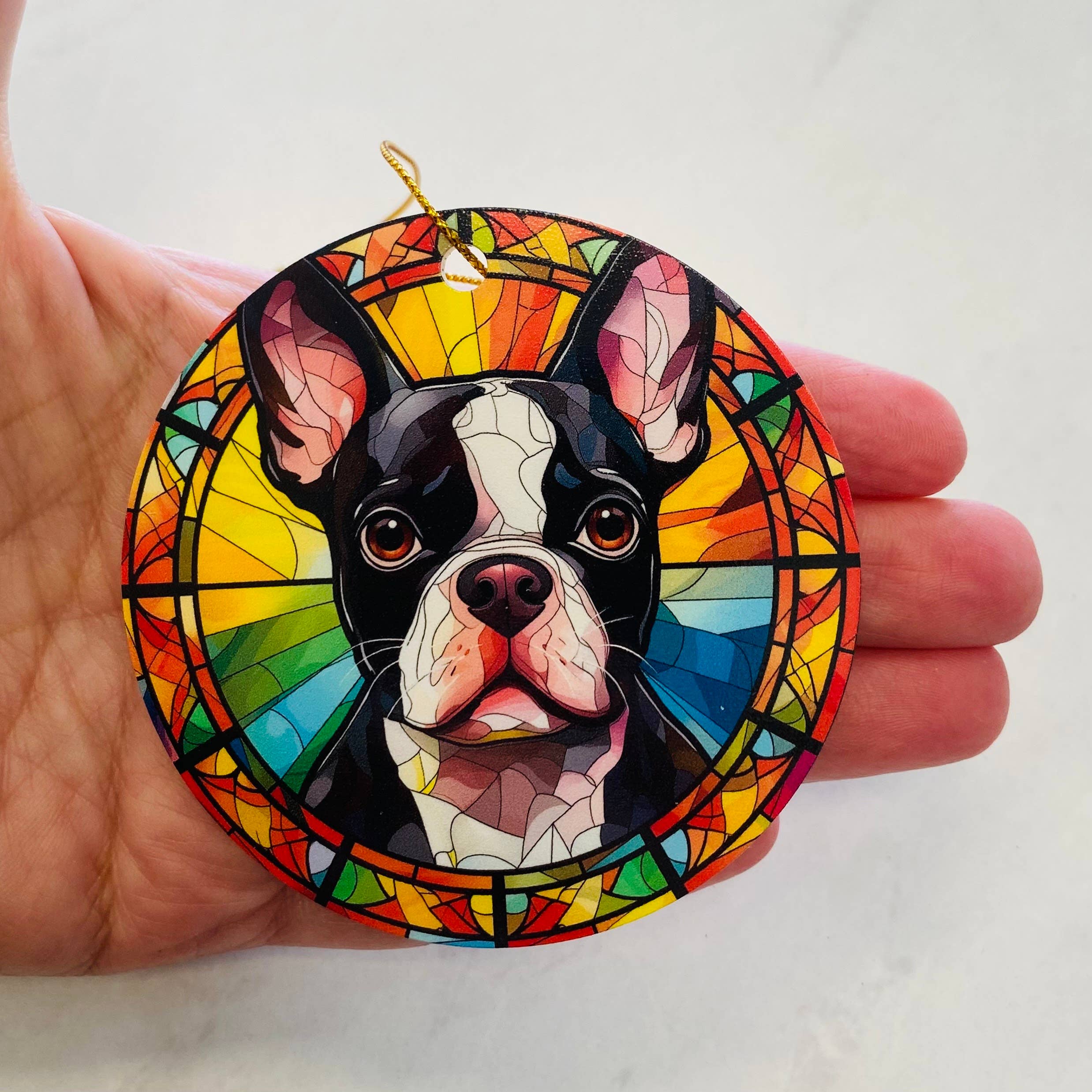 Spellbound Rose Creations - Wholesale Ornament - Faux Stained Glass Boston Terrier Ornament – Terrier Gift
