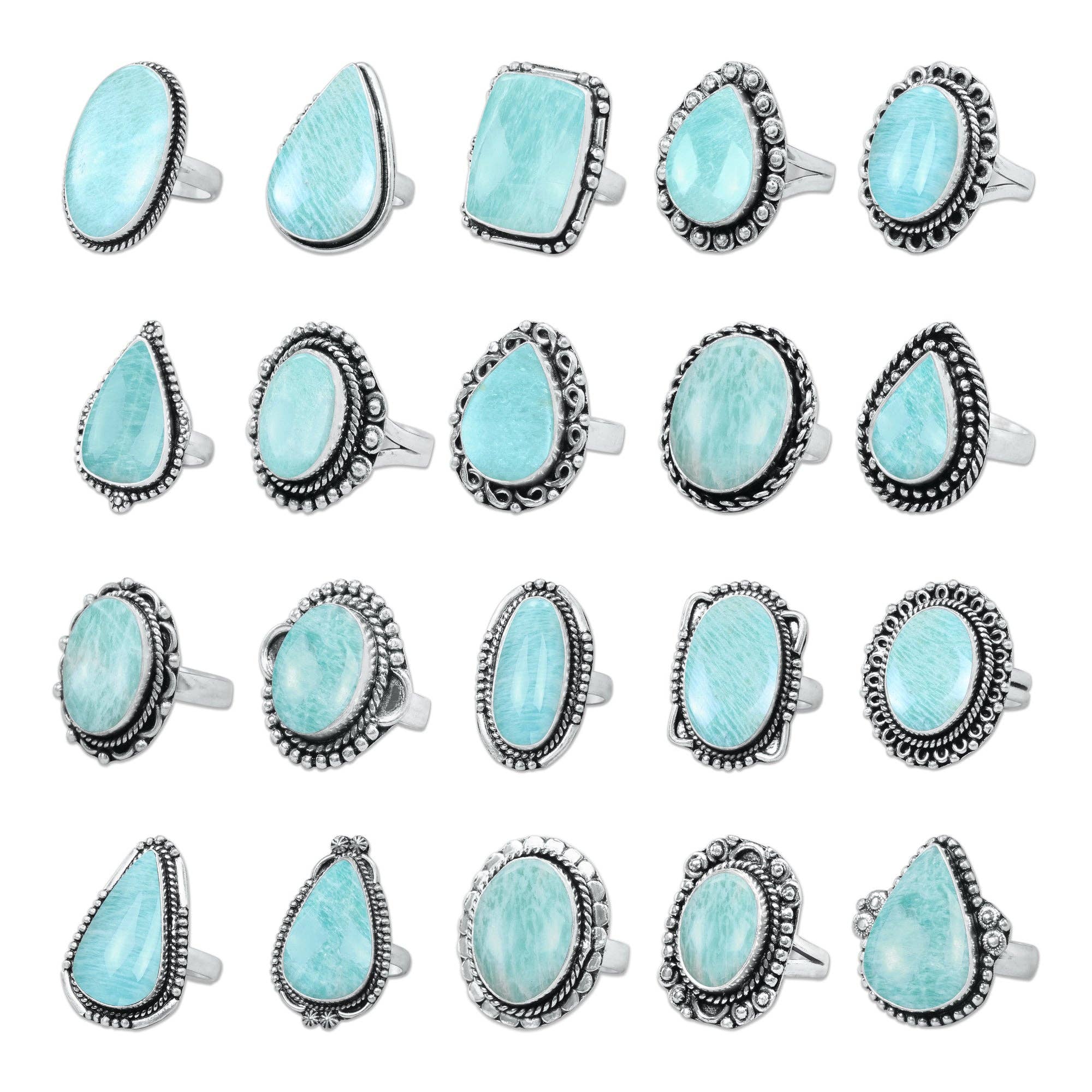 Handmade Jewels - Wholesale Cocktail/Statement Ring - Amazonite Rings – Handmade, Silver-Plated, Assorted Boho Designs (US Sizes 6–10)0