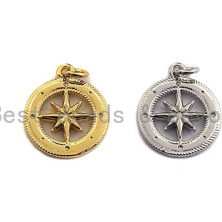 Pingente de moeda de bússola estrela norte oco, Sku #Z432 por atacado de BestBeads&Beyond
