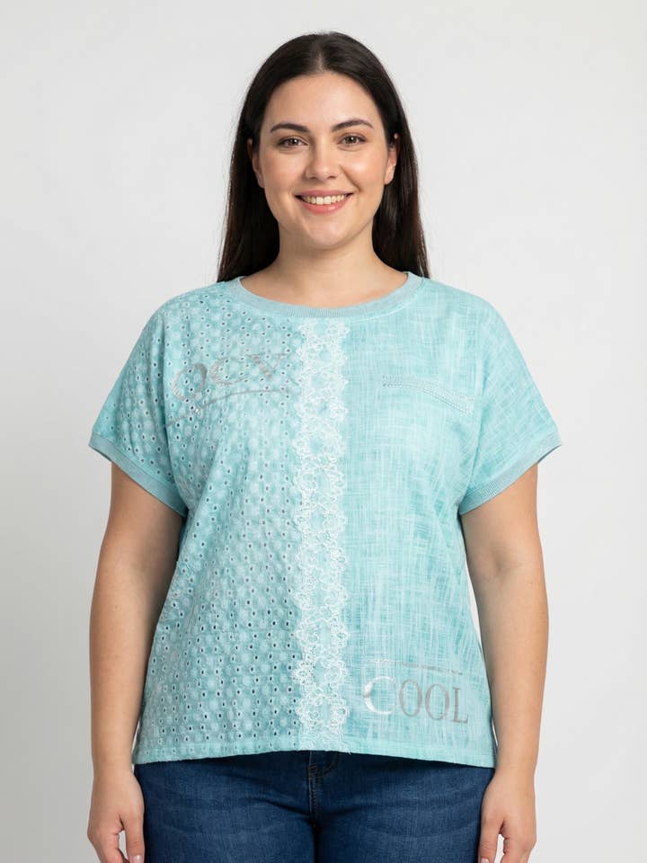 Turquoise plus-size T-shirt (C8013) for wholesale by Pomme Rouge Paris