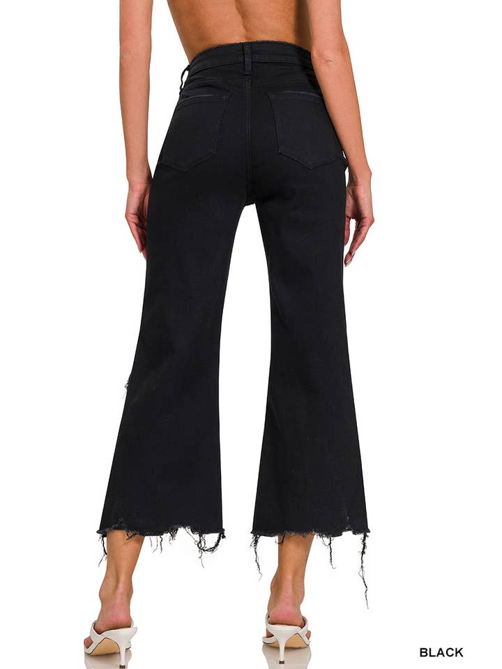 BLACK Distressed Knee Flare Crop High-Waist Pants for wholesale on Faire