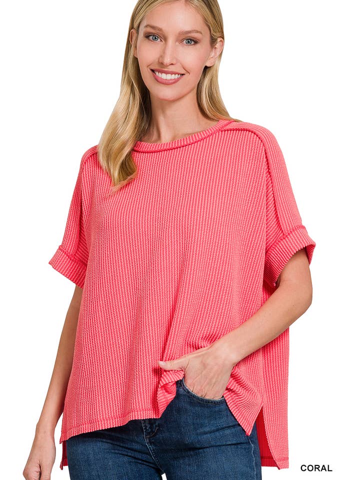 42POPS - Wholesale Knit Top - Women's - ',._ Corded Rib Short Cuff Sleeve Raw Edge Top