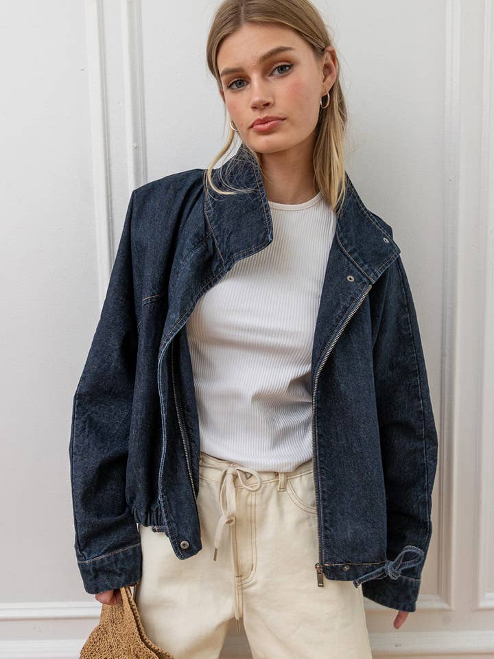 Veste en Jean à Col Montant avec Ourlet à Cordon de Serrage - RJ1120 pour la vente par RAISONNEL