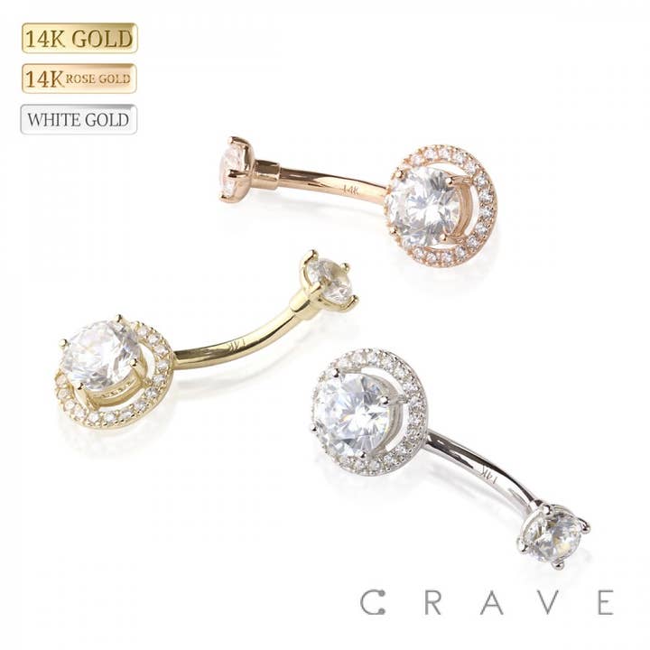 14K GOLD PRONG SET ROUND CZ PAVED NON DANGLE NAVEL RING for wholesale by CRAVE BODY JEWELRY