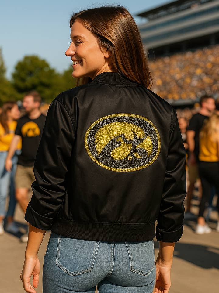 Licensed Game Day Jacket, Black Bomber, Univ of Iowa Oval Tigerhawk for wholesale by Moving Forward Designs