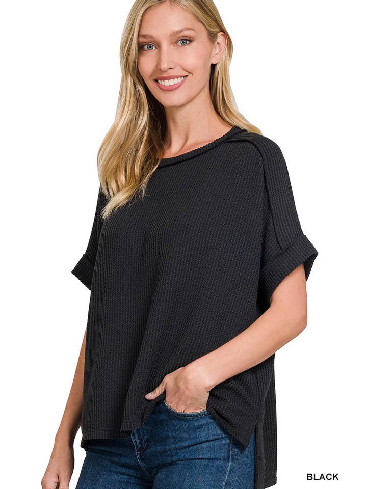 42POPS - Wholesale Knit Top - Women's - ',._ Corded Rib Short Cuff Sleeve Raw Edge Top