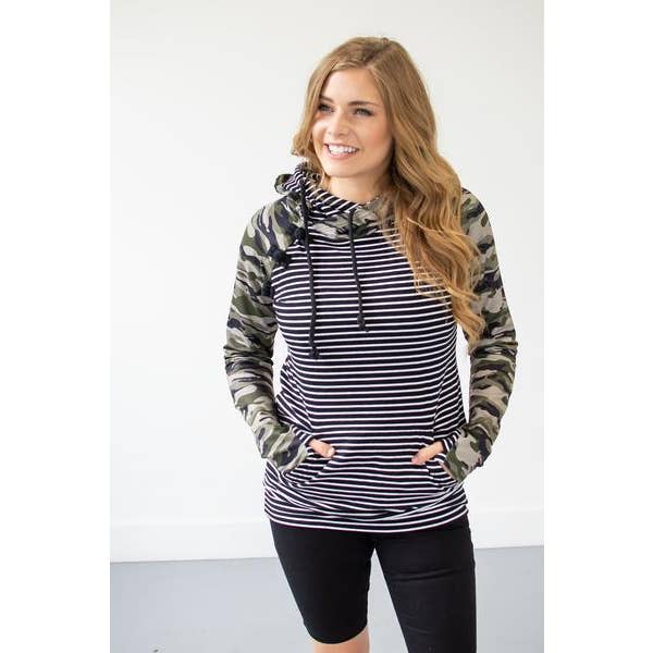 Camo and Stripes Women's Double Hooded Sweatshirt for wholesale by Rogue Society Apparel®️